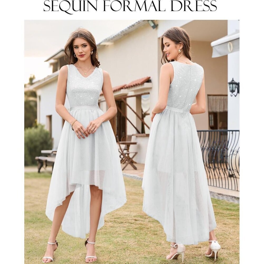 BeryLove Women Tulle Sequin White Chiffon Scoop Neck Sleeveless Cocktail Dresses - Picture 3 of 7